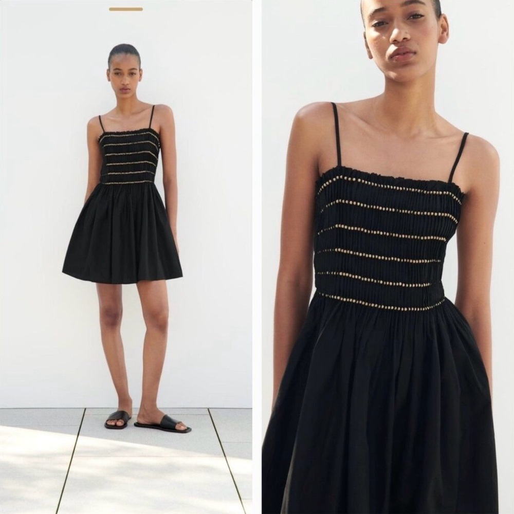 NWT Zara Blavk Beaded Smocked Top Dress Size S